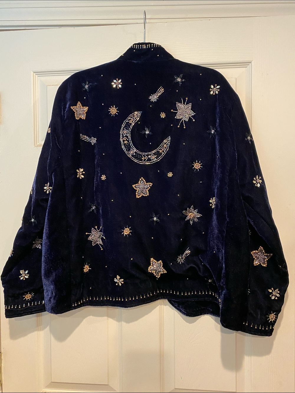House of Skye Embellished Velvet Bomber Jacket in Navy with Metallic Accents - Picture 3 of 7